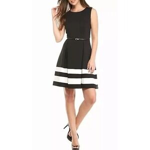 Calvin Klein Black Dress Ponte Knit White Stripe w/Belt Sleeveless Flare 18W NWT